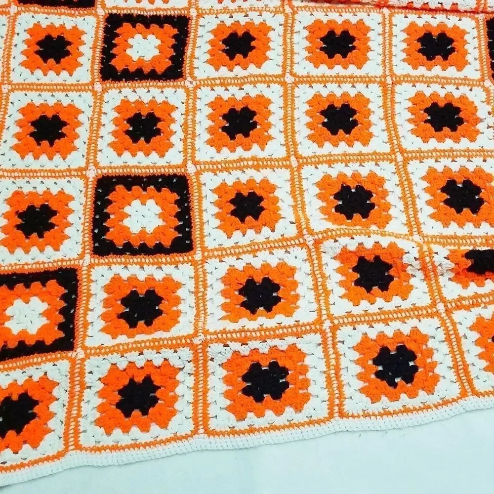 VINTAGE Granny Square Handmade Orange Afghan Throw